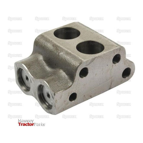 The Sparex Valve Chamber (Sparex Part No. S.40847) is a metal hydraulic component with two large circular openings on the top and smaller circular openings on the side, designed for use in Massey Ferguson tractors. This valve chamber kit ensures optimal performance for MKII pumps.