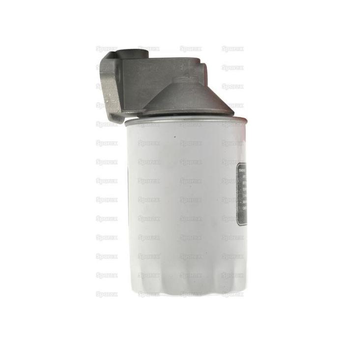 A white and grey cylindrical Sparex Spin On Filter Assembly with Filter Head (Sparex Part No.S.41489), featuring a mounting bracket on top, functions efficiently as a versatile component, often seen in Massey Ferguson and Landini tractors.