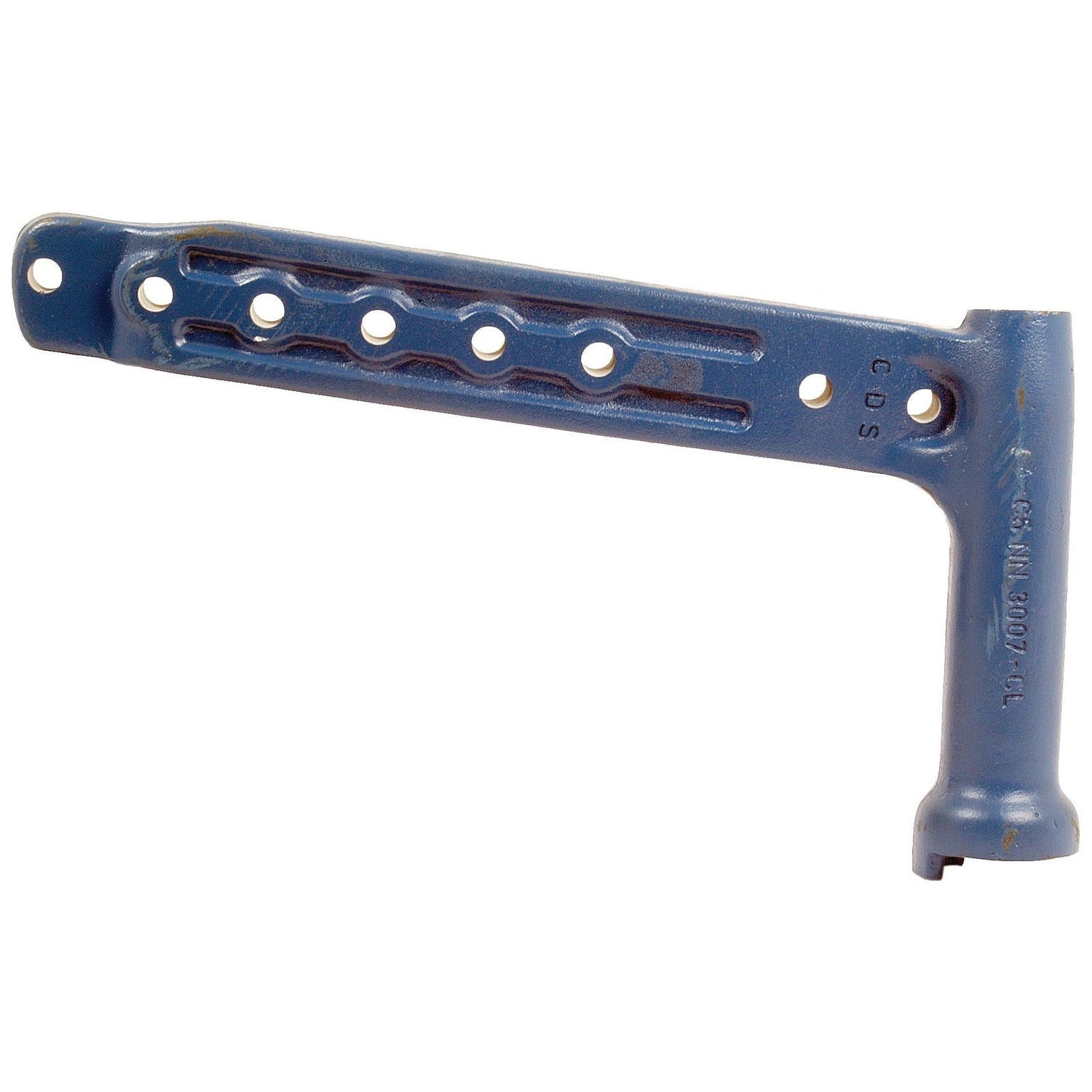 Image of the Spindle Arm (Sparex Part No. S.60287) by Sparex, a blue, metallic handle bracket with multiple holes for adjustment. The handle features labeling and is designed for industrial or mechanical use, perfectly compatible with Ford / New Holland equipment.