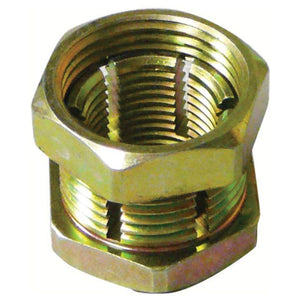 Spindle Lock Nut 3/4'' (Sparex Part No.S.68212), a hexagonal brass adapter featuring threaded ends and a slotted middle section, compatible with John Deere machinery, displayed against a white background.