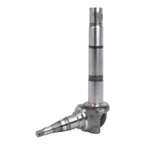 A metallic, cylindrical mechanical part with a right-angled joint, featuring an induction-hardened spindle with a threaded end, known as the Spindle RH - Induction Hardened Spindle - S.17423 by Sparex.