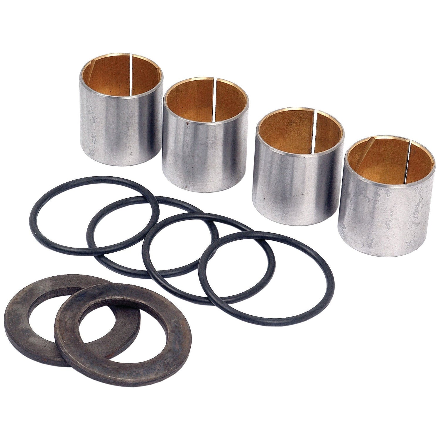 The Spindle Repair Kit (Sparex Part No. S.17617) from Sparex includes four metal cylindrical bushings, four black rubber O-rings, and two black washers, all arranged on a white background. This kit is compatible with David Brown tractors' front axles and is perfect for LH/RH spindles, offering durability and precision for your maintenance needs.