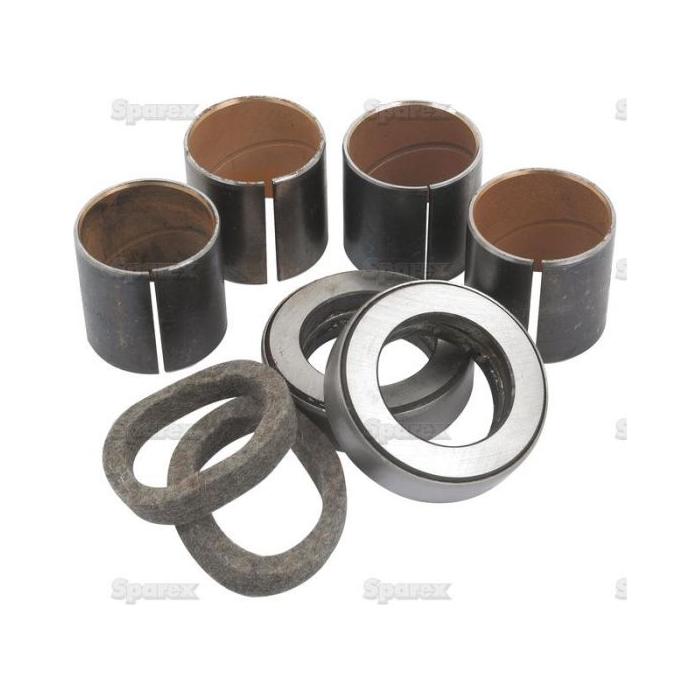 A Sparex Spindle Repair Kit (Part No. S.41956) by Massey Ferguson, showcasing a set of bronze bushings, felt washers, and thrust bearings arranged on a white background.