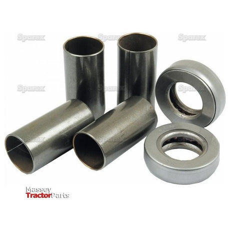 Five metallic tractor parts, including three cylindrical tubes and two round bearing-like components, displayed with the logo "Sparex" in the lower left corner. Perfect for those needing a Spindle Repair Kit (Sparex Part No. S.57754) compatible with Case IH and International Harvester models.