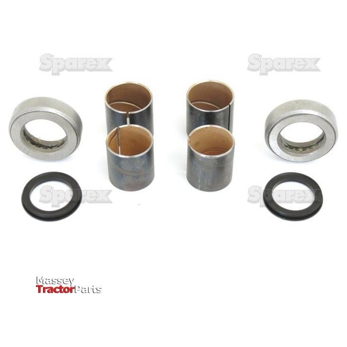 A Spindle Repair Kit, labeled "Massey Tractor Parts" and stamped with "Sparex," is displayed against a white background. This set of tractor parts, including metal bushings and seals, meets precise product specifications suitable for Ford New Holland tractors. The specific Sparex Part Number is S.65107.