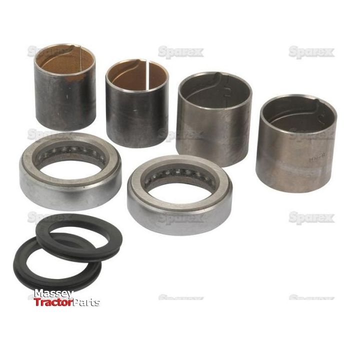 A Spindle Repair Kit (Sparex Part No. S.65108) from Sparex, featuring metal bushings, bearings, and rubber seals, is arranged neatly on a white background—ideal for maintaining your Ford New Holland tractor parts.