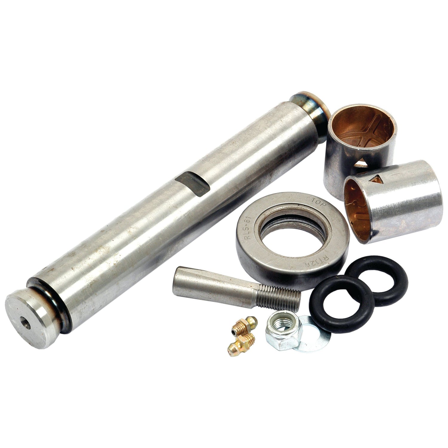 A Spindle Repair Kit - S.75089 by Sparex, featuring a metal rod, cylindrical sleeves, washers, bolt, O-ring rubber rings, nut, and grease fittings, laid out on a white background.