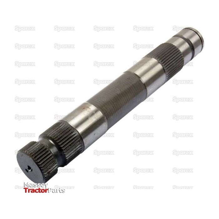 A Spindle Shaft (Sparex Part No. S.40128), a metal tractor part with two grooved cylindrical ends against a white background, featuring "Massey Tractor Parts" branding and "Sparex" watermarks—ideal for Massey Ferguson models and compatible with various Power Assisted Steering Systems.