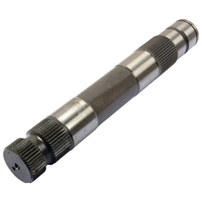 A cylindrical metal Spindle Shaft with grooves and teeth, showing signs of wear, reminiscent of the Sparex Part No. S.40128 used in Massey Ferguson's power assisted steering systems.