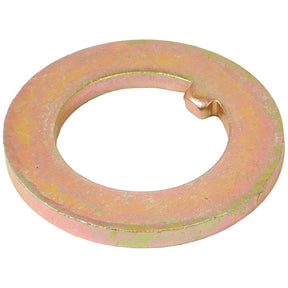 A slightly tarnished spindle washer, featuring a circular metal design with a notched cut-out on the inner edge; compatible with Massey Ferguson and Landini 7830 models. This product is named "Spindle Washer" under Sparex Part No.S.41338 by the brand Sparex.