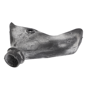 A worn-out, black Massey Ferguson Spout - 876887M2 by AGCO, featuring a mounting hole and an extended nozzle-like design.