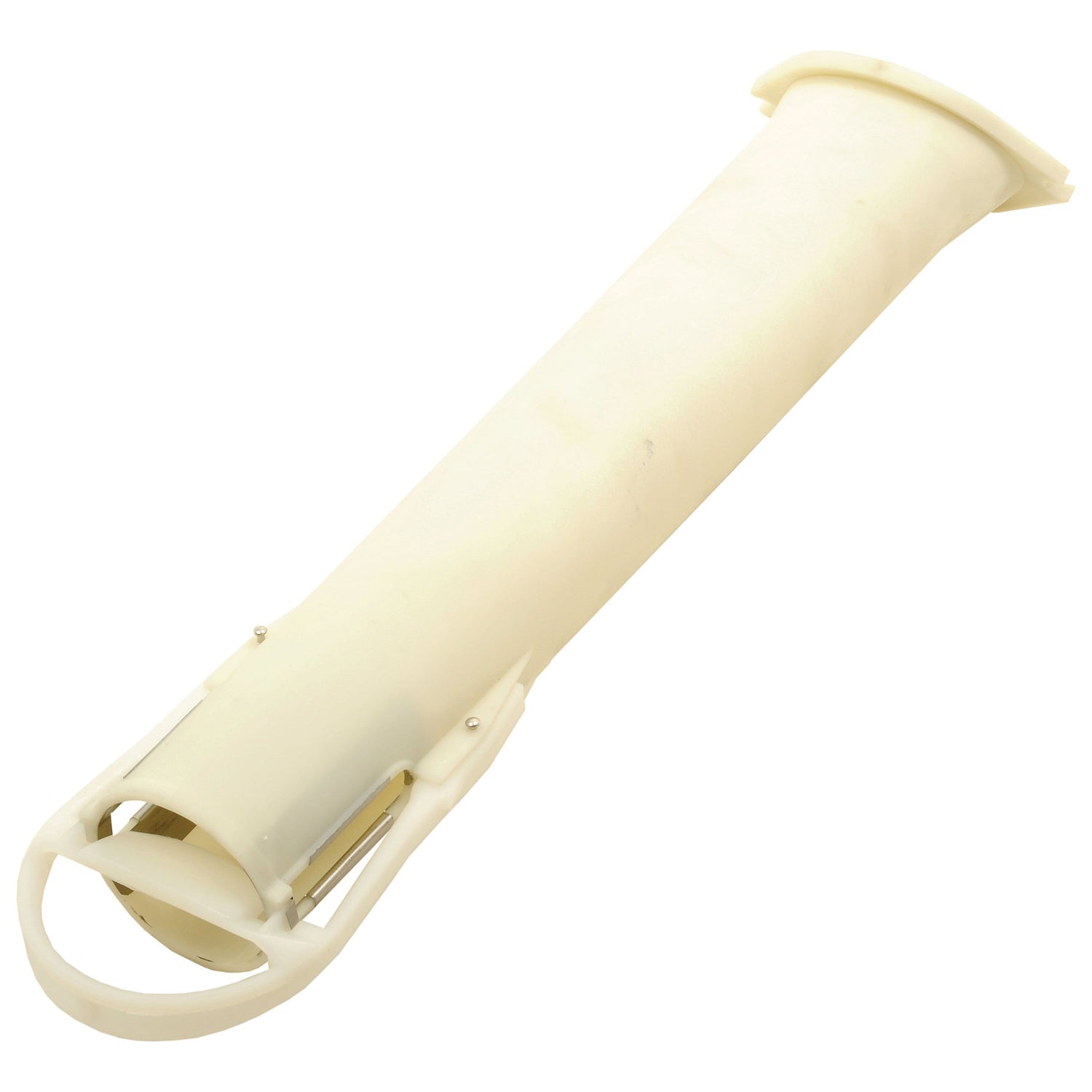 The Sparex Spout (17895466 - S.59700) is a white plastic cylindrical object with a curved handle at one end and an opening at the other end, designed to enhance spreading capabilities.