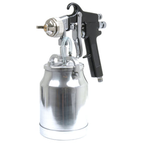 Introducing the Spray Gun 50-80 psi lower tank - S.14576 by Sparex: a sleek silver and black siphon feed paint sprayer featuring a trigger handle and a cylindrical paint container at the bottom.