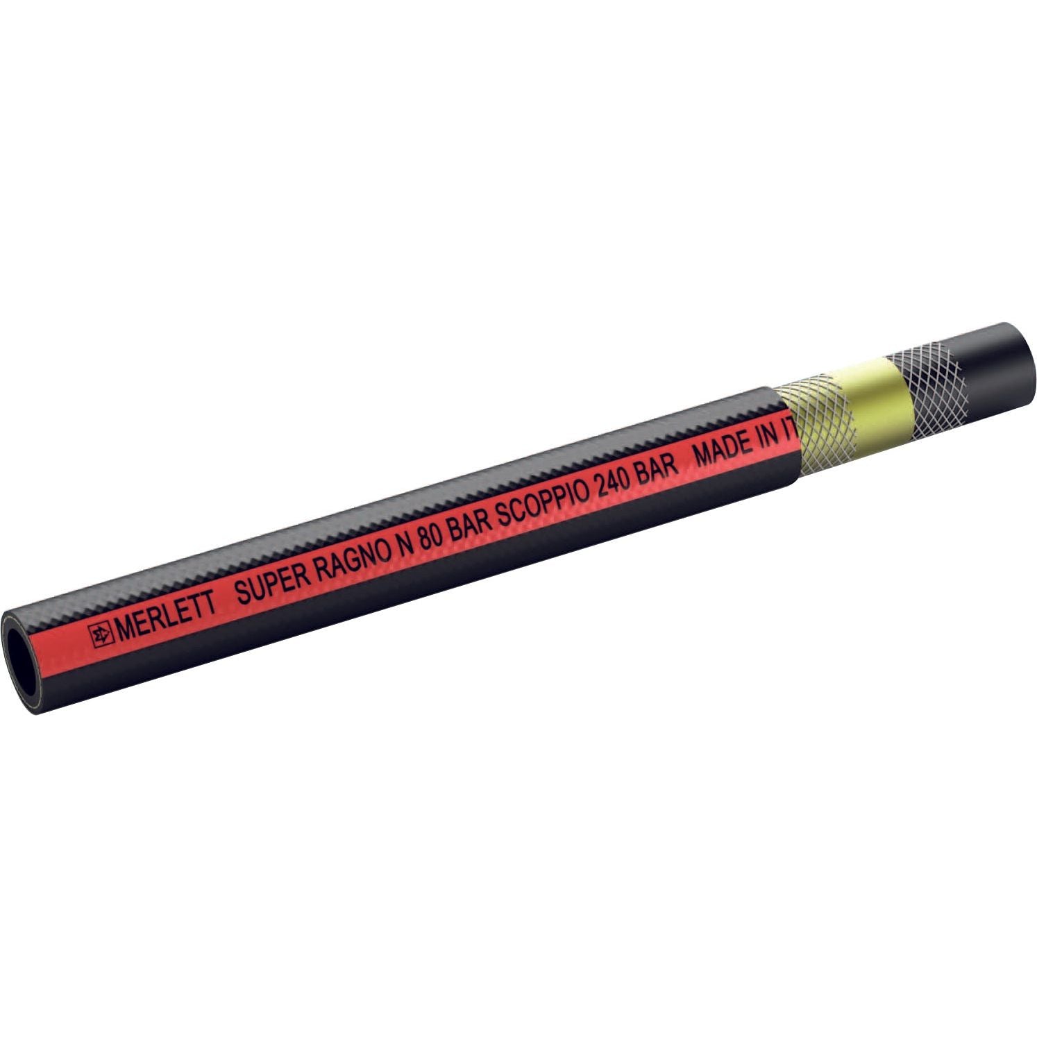 The Spraying Hose (Super Ragno N 80 Bar) by Sparex, with an 8mm (5/16'') ID and labeled "MERLETT SUPER RAGNO N 80 BAR SCOPPIO 240 BAR MADE IN ITALY," features a black and red color scheme with a yellow and black textured end, making it suitable for high-pressure applications.