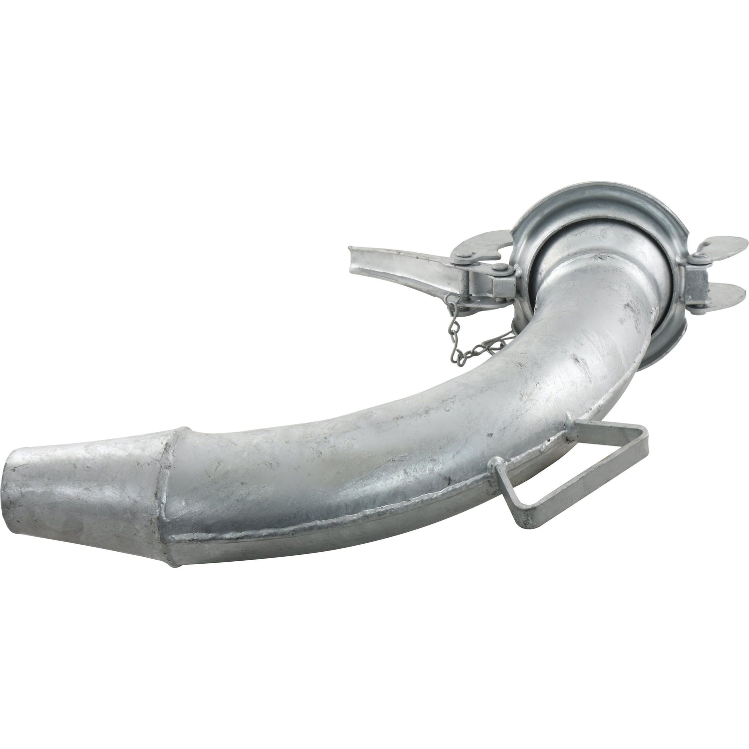 A Sparex Spreader Cone 90° - Male 4'' (108mm) (Galvanised) - S.59444 metallic curved spout with a handle, flange, and an attached chain.