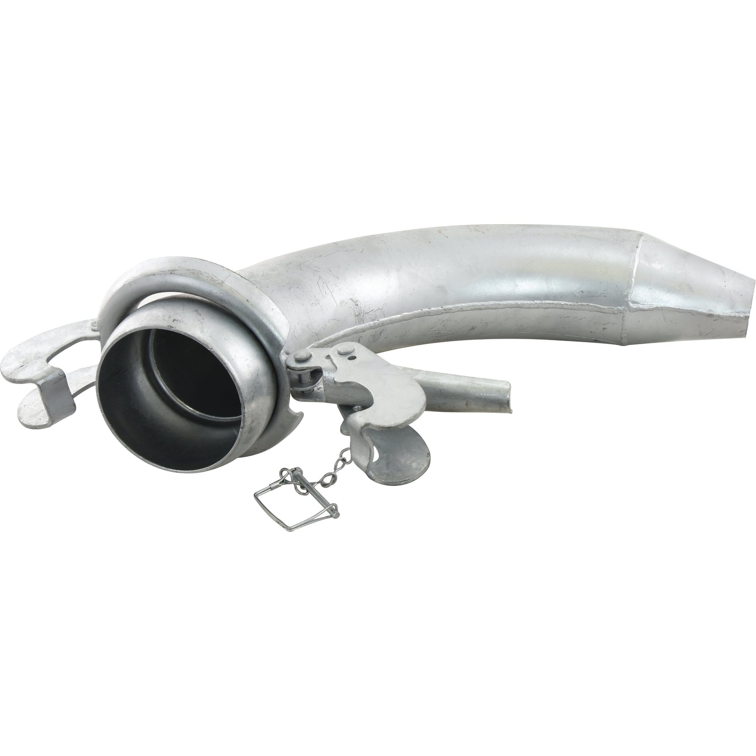 The Sparex Spreader Cone 90° - Male 5'' (133mm) (Galvanised) - S.59445 is a galvanized metallic curved pipe featuring flanges, a chain attachment, and a clamp ring designed for industrial purposes.