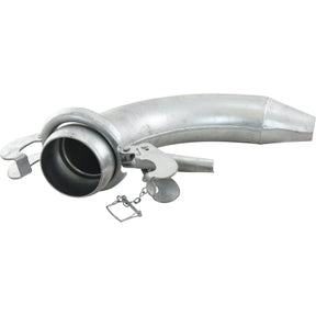 The Sparex Spreader Cone 90° - Male 5'' (133mm) (Galvanised) - S.59445 is a galvanized metallic curved pipe featuring flanges, a chain attachment, and a clamp ring designed for industrial purposes.