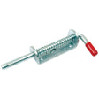 Sparex Spring Bolt, featuring a 13mm diameter cylindrical rod, zinc-plated metal construction, tension spring, and a red plastic-coated handle; Plate size: 114mm x 40mm | Sparex Part No. S.14507.