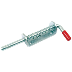 Sparex Spring Bolt, featuring a 13mm diameter cylindrical rod, zinc-plated metal construction, tension spring, and a red plastic-coated handle; Plate size: 114mm x 40mm | Sparex Part No. S.14507.