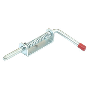 The Sparex Spring Bolt (Part No. S.14508) features a 16mm diameter bolt, a plate size of 140mm x 38mm, and includes an angled handle with a red rubber tip on the end, all finished in zinc plating.