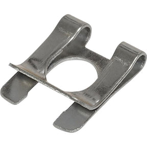 A metallic U-shaped clip with a central hole, featuring two bent ends, ideal for use as the Sparex Spring Clip (SL10), Part No. S.52331.