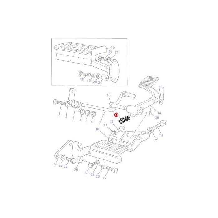 Diagram showing the exploded view of a Spring Foot Throttle assembly with all its components labeled by numbers, much like in AGCO's Massey Ferguson tractor parts manuals for the Spring Foot Throttle - 828656M1.