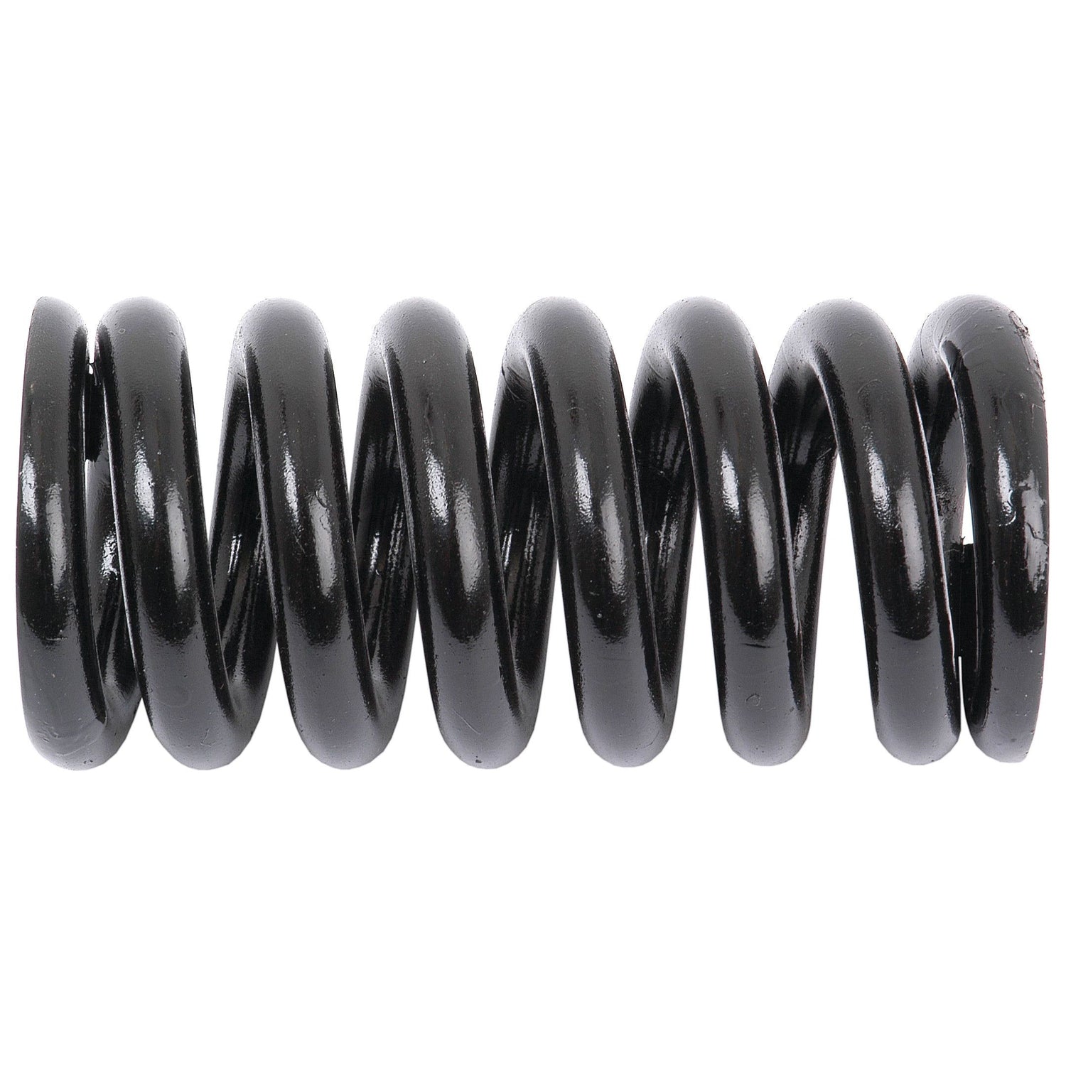 A close-up image of a black, metal coil spring with a glossy finish. The Sparex replacement spring for Massey Ferguson Disc Plough (660885M1 | S.43155), 138mm in length and made from 12mm wire, is horizontally oriented and tightly wound.