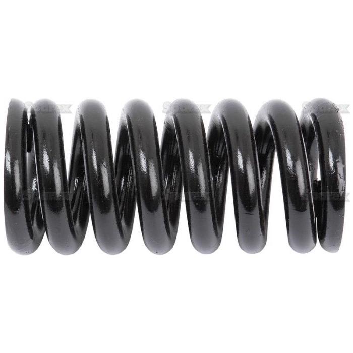 Close-up of a black, coiled Sparex compression spring with a shiny surface, measuring 138mm in length. This is the Spring replacement for Massey Ferguson Disc Plough, suitable for model 660885M1 (Sparex Part No. S.43155).
