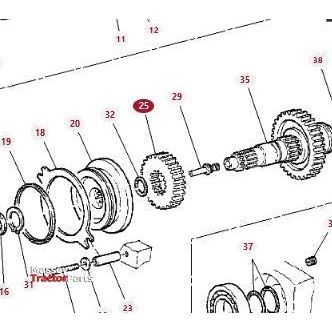 A diagram of a mechanical assembly featuring numbered parts such as gears, shafts, and fasteners is marked for easy reference. Part 25, highlighted in red, corresponds to the Massey Ferguson - Spur Gear - 822100220340 by AGCO. This assembly is suitable for Vario and Massey Ferguson models.