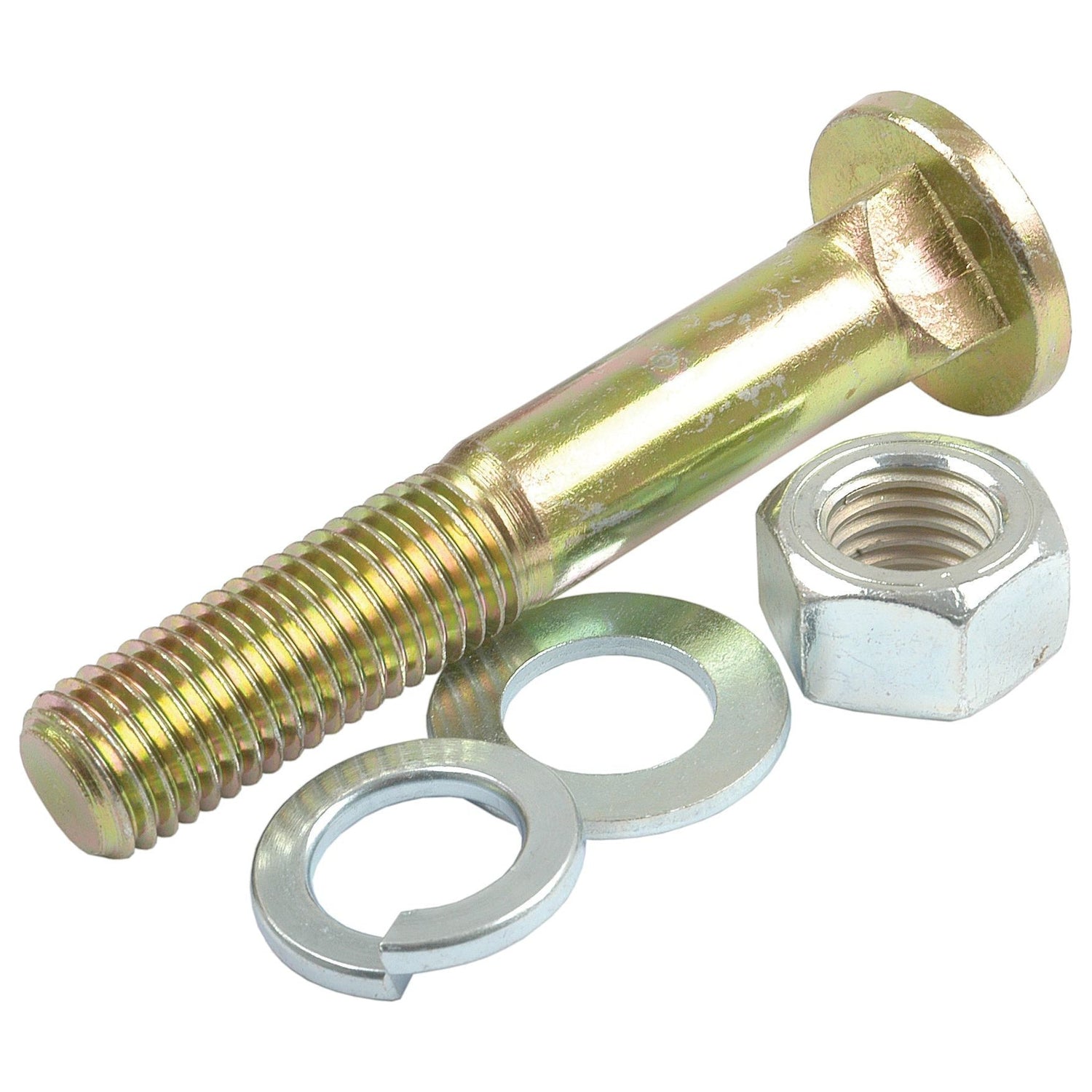 A Sparex Square Wheel Bolt, 3/4'' x 4 1/2'' (UNC) with a nut and two washers displayed on a white background.
