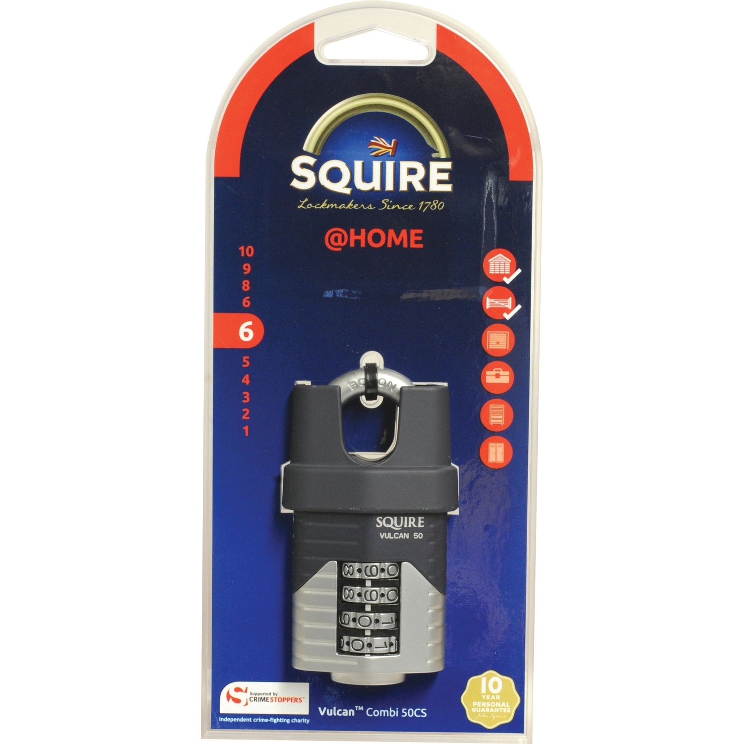 Packaging of the Sparex Squire 50CS COMBI Vulcan Combination Padlock, highlighting its features such as a 10-year guarantee, a secure double locking system, and its versatile applications for gates, doors, sheds, and lockers. With a body width of 50mm and a security rating of 6 (S.129895), it ensures reliable protection.
