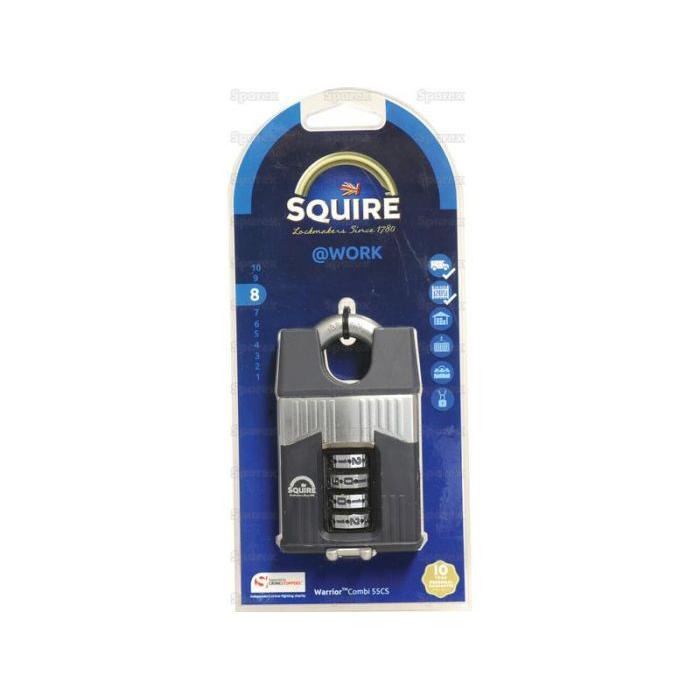 The Squire 55CS COMBI Warrior Combination Padlock from Sparex, with a 55mm body width and a security rating of 8, comes in a stylish blue and black blister pack, ideal for securing various valuables (Product Code: S.129873).