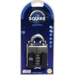 A Sparex Squire 55CS COMBI Warrior Combination Padlock in its original packaging boasts several features, including a security rating of 8 and a 10-year guarantee. Suitable for multiple uses, it comes with detailed information about its high-quality manufacture.