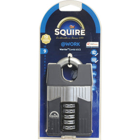 The Sparex Squire 65CS COMBI Warrior Combination Padlock (S.129866), with a body width of 65mm and a security rating of 8, is designed for various needs. It features a sleek black and silver design with a four-digit combination lock mechanism. The packaging prominently displays the Sparex branding and detailed product information.