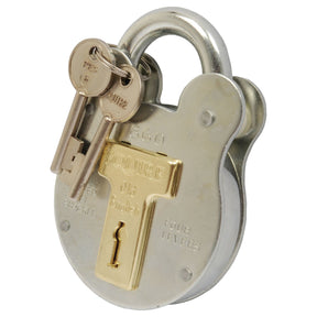 A steel Squire Old English Padlock (64mm body width, security rating: 3), labeled as "SQUIRE Old English," comes with two keys and is designed to withstand harsh environments, branded by Sparex.