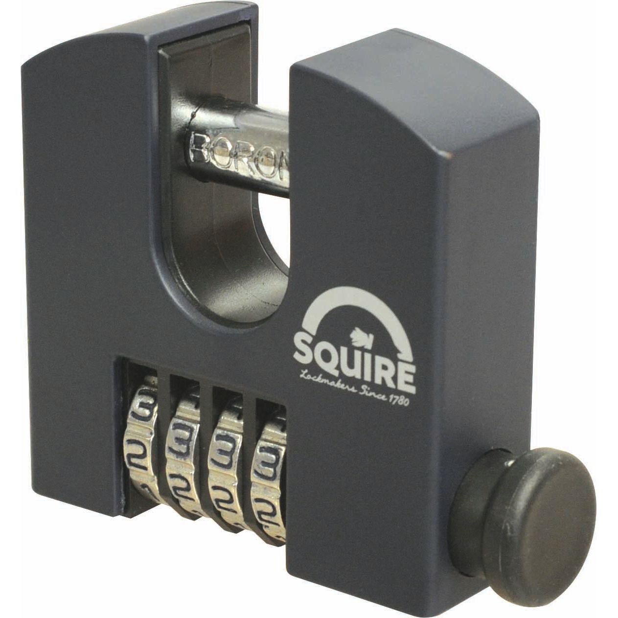 The Squire Recodable Stronghold Padlock by Sparex features a robust brass body that is 65mm wide and boasts a security rating of 6. This padlock includes a shrouded shackle and a four-digit rotating number combination lock mechanism, making it ideal for securing lockers, gates, and sheds. The brand name "Squire" is prominently displayed on its body. Model: S.28868.