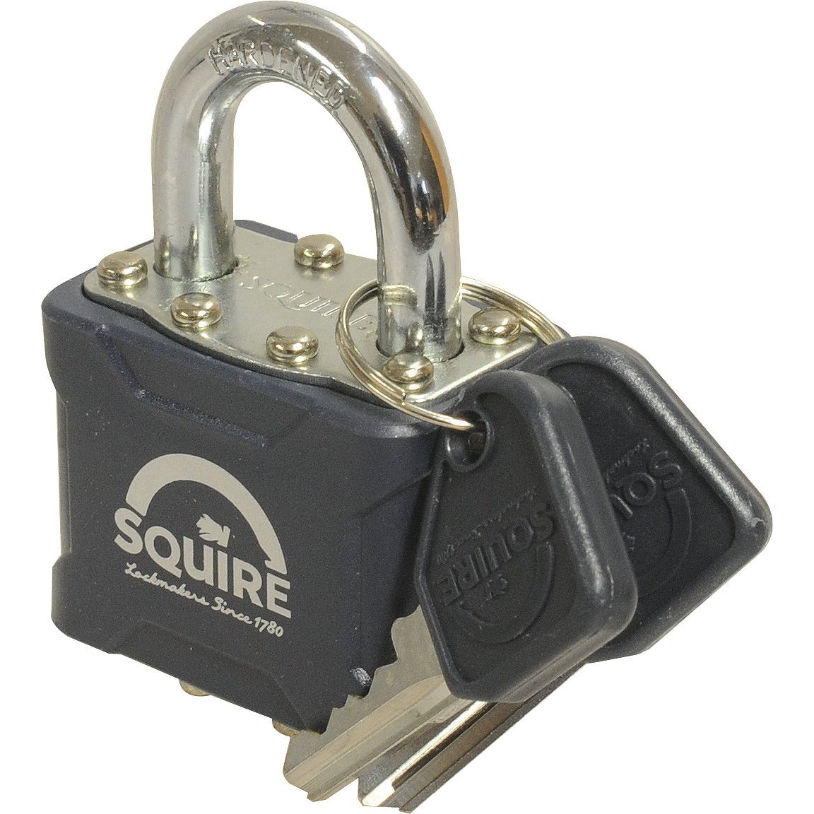 The Squire Stronglock Pin Tumbler Padlock by Sparex features a 38mm black steel body with a metal shackle, labeled "Squire Laminated Since 1780." It includes two keys attached to the shackle and boasts a security rating of 4 for enhanced durability and security.
