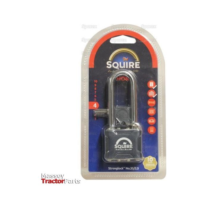 A packaged Sparex padlock labeled "Squire Stronglock" in black and red packaging. This pin tumbler padlock features a 38mm laminated steel body, has a security rating of 4, and comes with a ten-year guarantee. The packaging also includes product specifications.