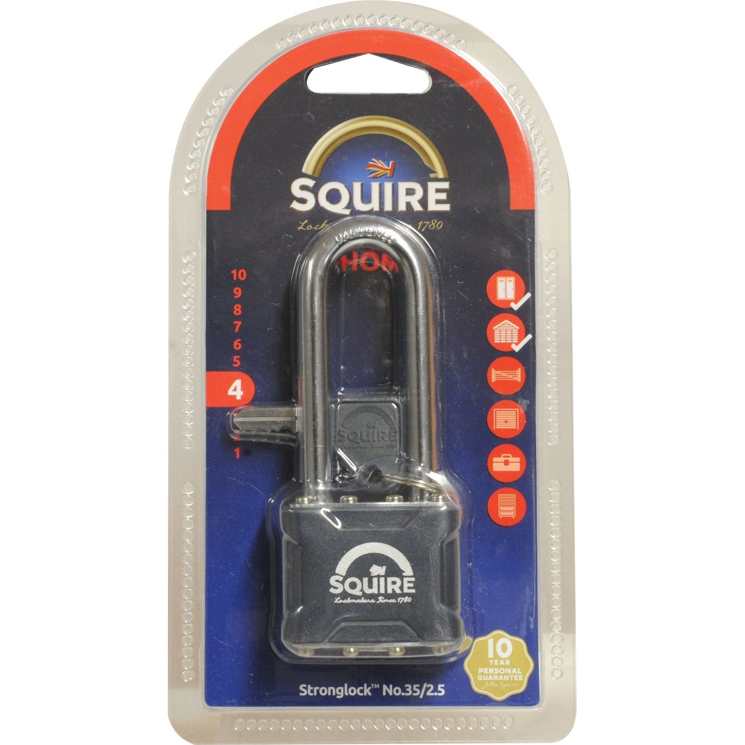 A packaged Sparex Squire Stronglock Pin Tumbler Padlock, labeled as S.26753, boasts a steel body with a width of 38mm and features a double deadlocking mechanism. The packaging highlights the lock's impressive security rating of 4 and advanced durability features.