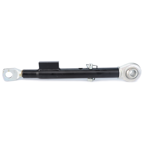A horizontal black hydraulic cylinder rod with metal mounting points on both ends, similar to the AGCO Massey Ferguson Stabiliser (Part Number: 3798069M92) used in Massey Ferguson 5400 Series tractors, isolated on a white background.