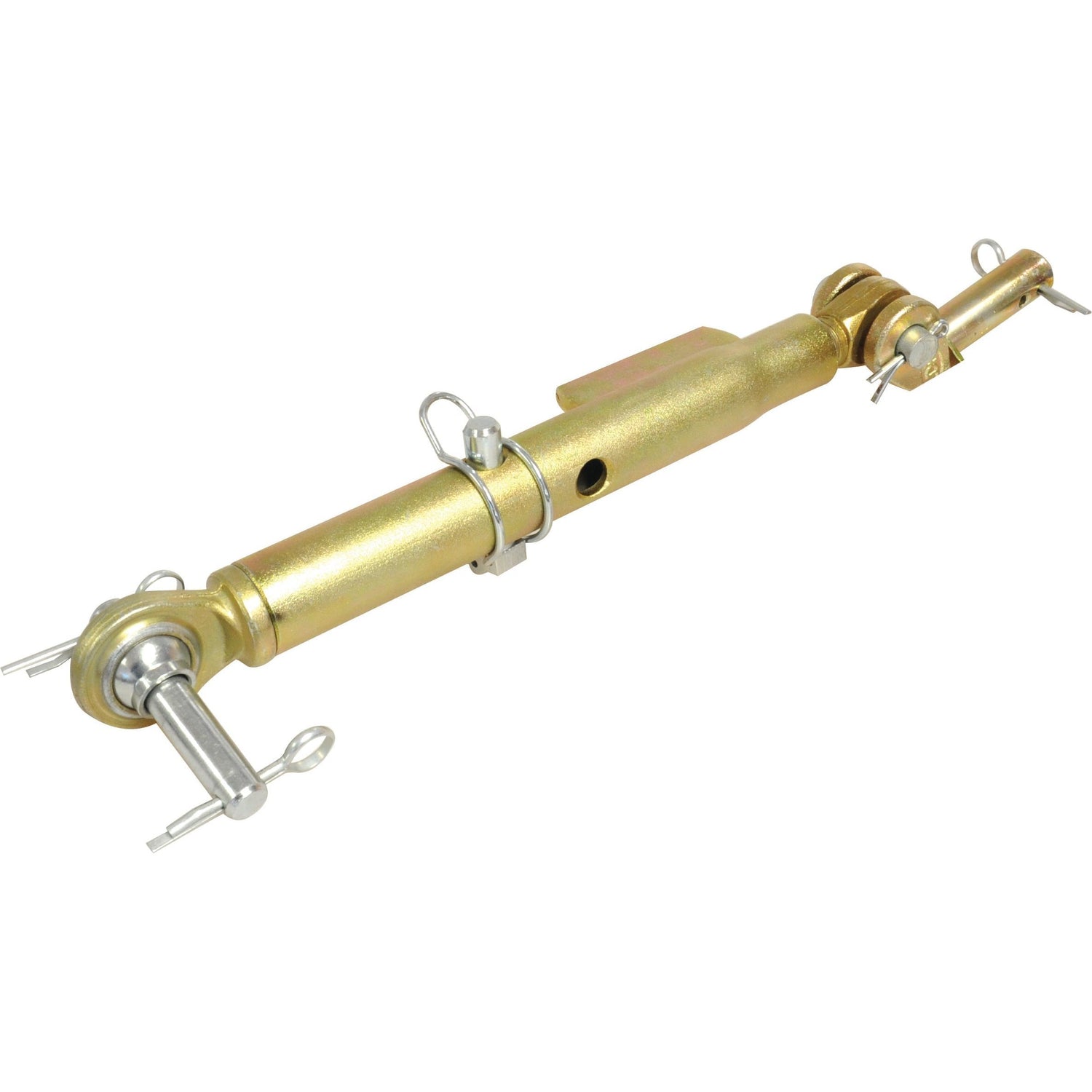 The Stabiliser Bar Assembly - S.13256 by Sparex is a gold-colored adjustable hydraulic cylinder that comes with pins and connectors at each end, making it ideal for mechanical or industrial use.
