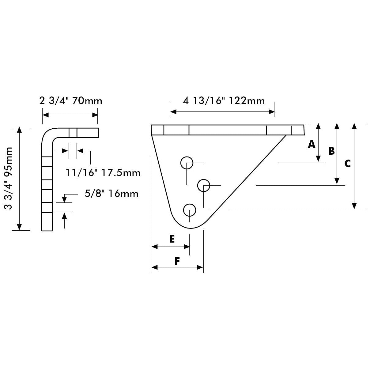 Technical diagram of a metal stabiliser bracket, specifically the Stabiliser Bracket LH (Sparex Part No. S.160), with dimensions labeled in both inches and millimeters. The L-shaped bracket has three holes and is suitable for Massey Ferguson applications, under the Sparex brand.