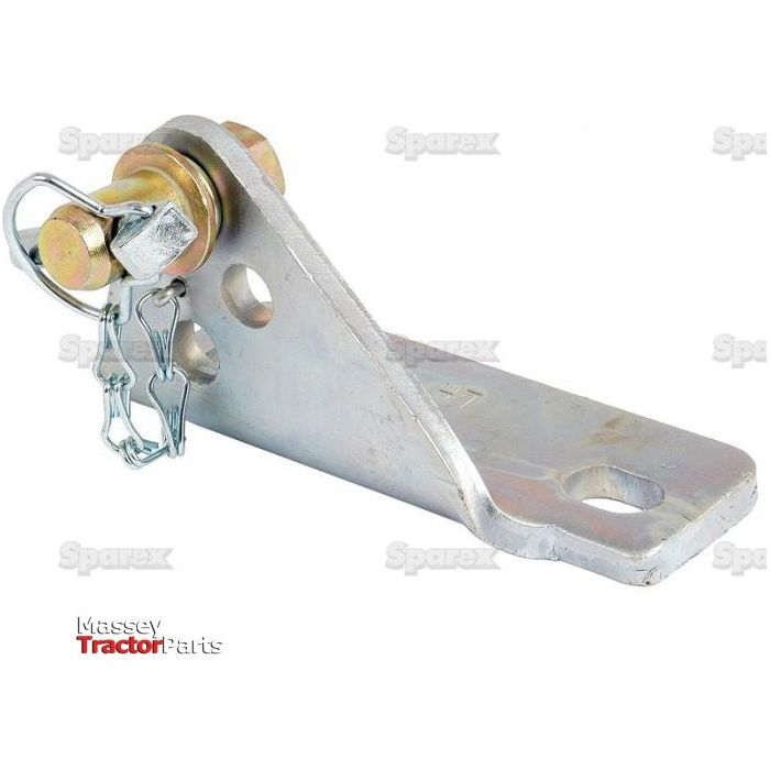 A metal stabiliser bracket for the left-hand side, featuring a locking pin and clip. The part includes two holes for mounting and is branded with "Massey Tractor Parts" and "Sparex". This component, known as Sparex Part No.S.160, integrates seamlessly with Massey Ferguson machinery to ensure compatibility.
