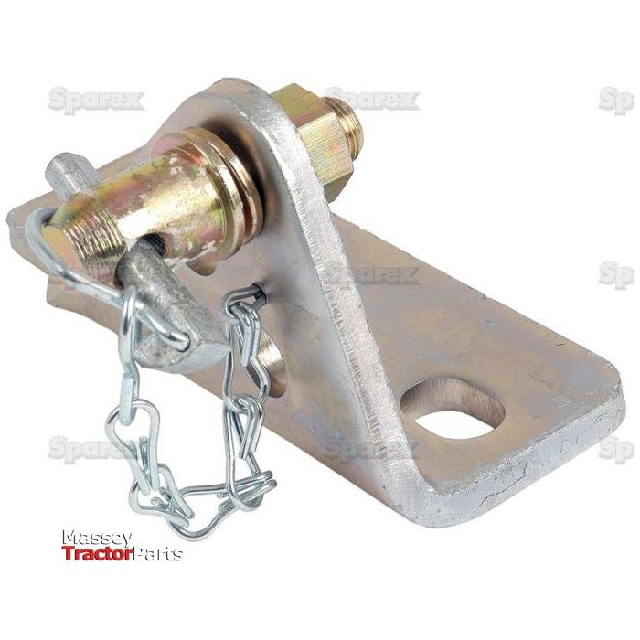 A metallic-finished stabilizer bracket (RH) with a securely attached chain, designed for mounting to a plate. The image is watermarked with "Sparex" and "Massey Tractor Parts" logos, making it ideal for Ford or New Holland models. Product: Stabiliser Bracket RH | Sparex Part No.S.161 by Sparex.