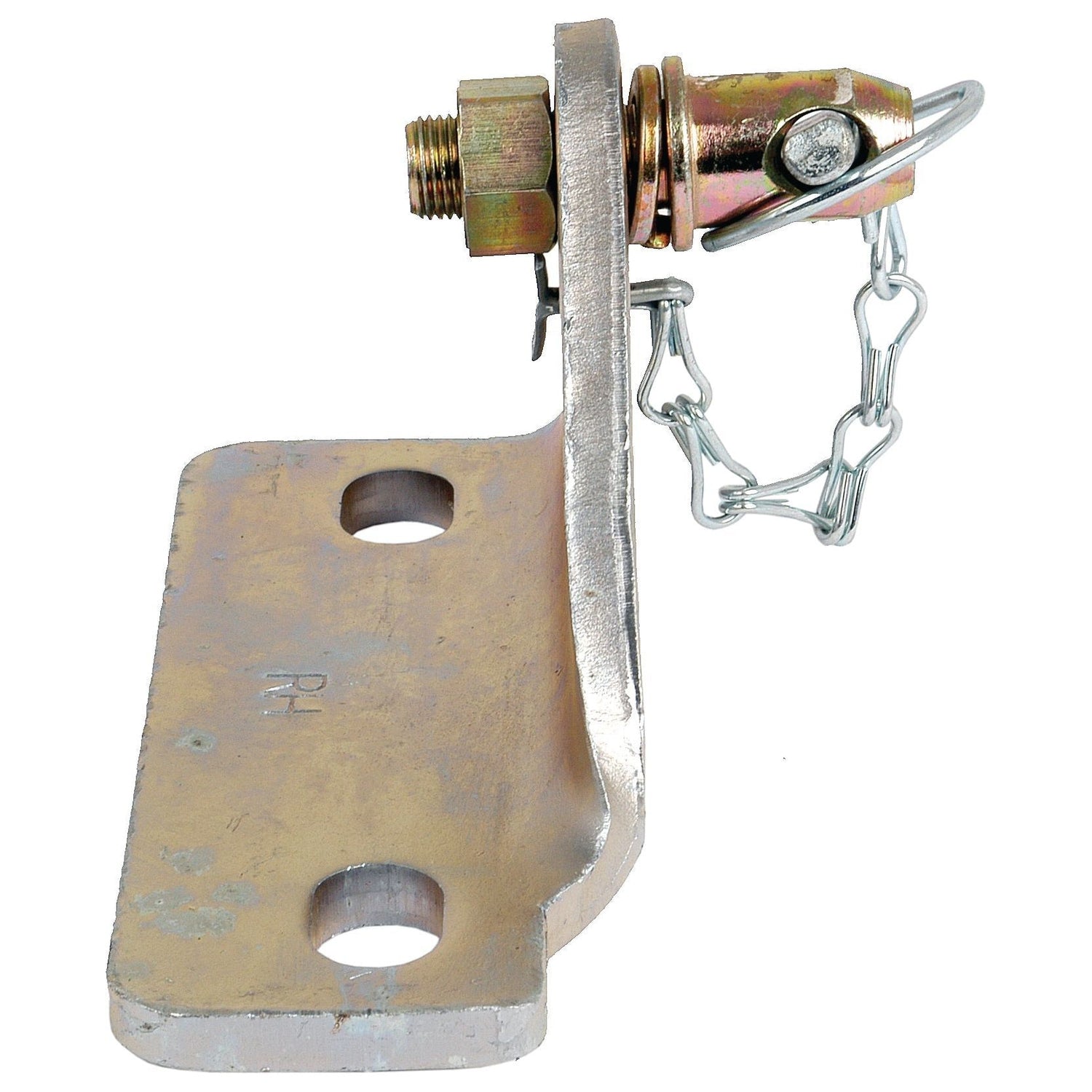 The Sparex Stabiliser Bracket RH (Sparex Part No. S.161) is a New Holland part equipped with a bolt, nut, and pin mechanism, interconnected by a chain, and designed for securing or fastening purposes.