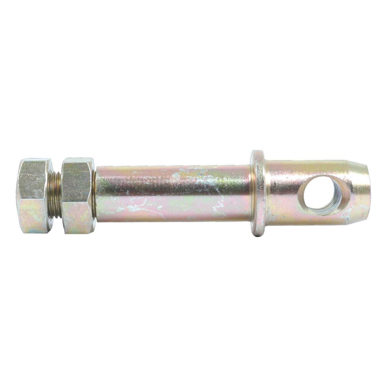 A Stabiliser Pin 22x113mm from Sparex, featuring a hexagonal nut and washer on one end, an eyelet hole on the other, with a pin diameter of 22mm and a thread size of 5/8'' UNF (25.4mm), used for mechanical fastening or connecting components.