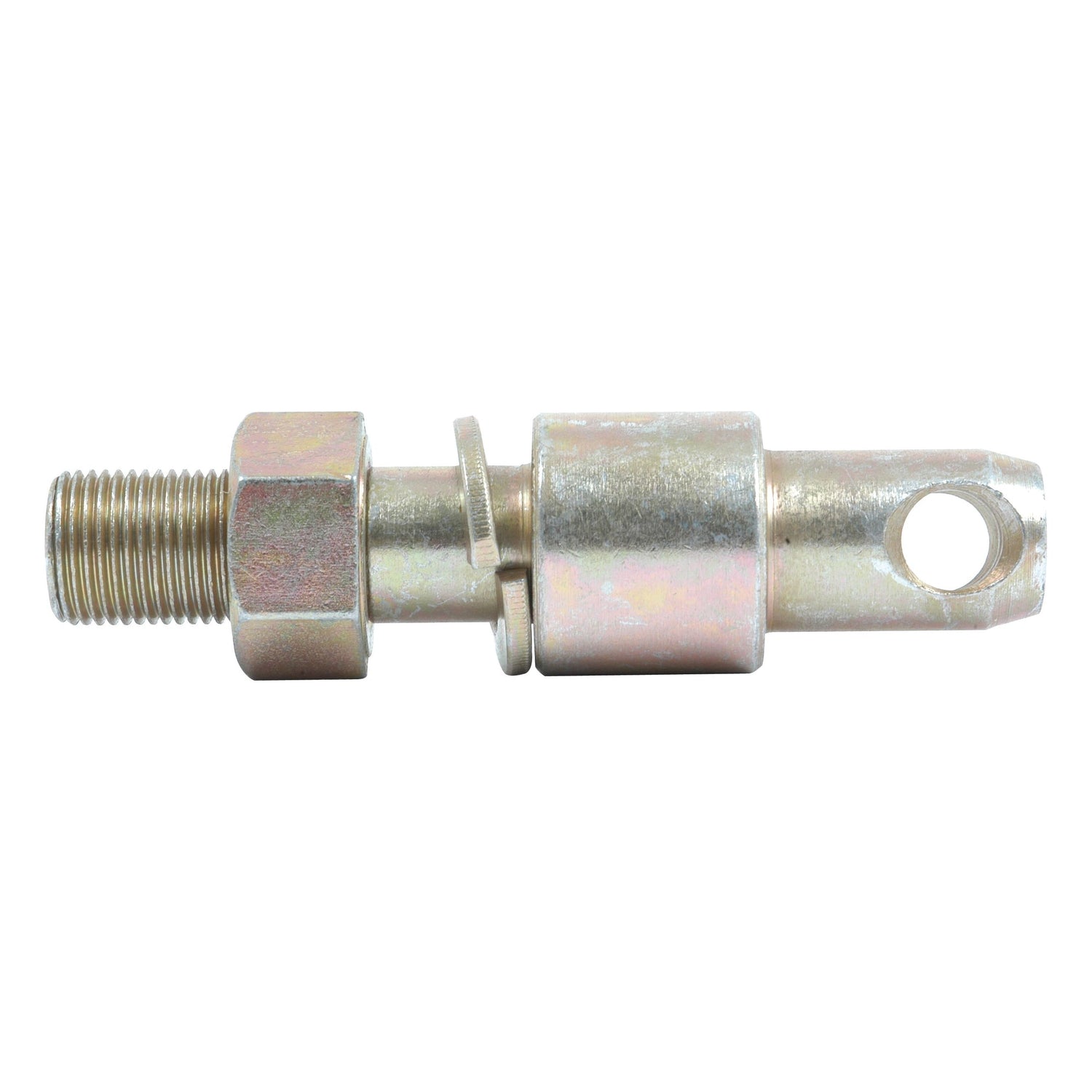 Close-up of a Sparex Stabiliser Pin 22x117mm, featuring a 3/4''x38mm threaded end and an eyelet hole on the other end, designed for mechanical assembly applications. The precise thread size specifications of Sparex Part No.S.3366 ensure a secure fit.