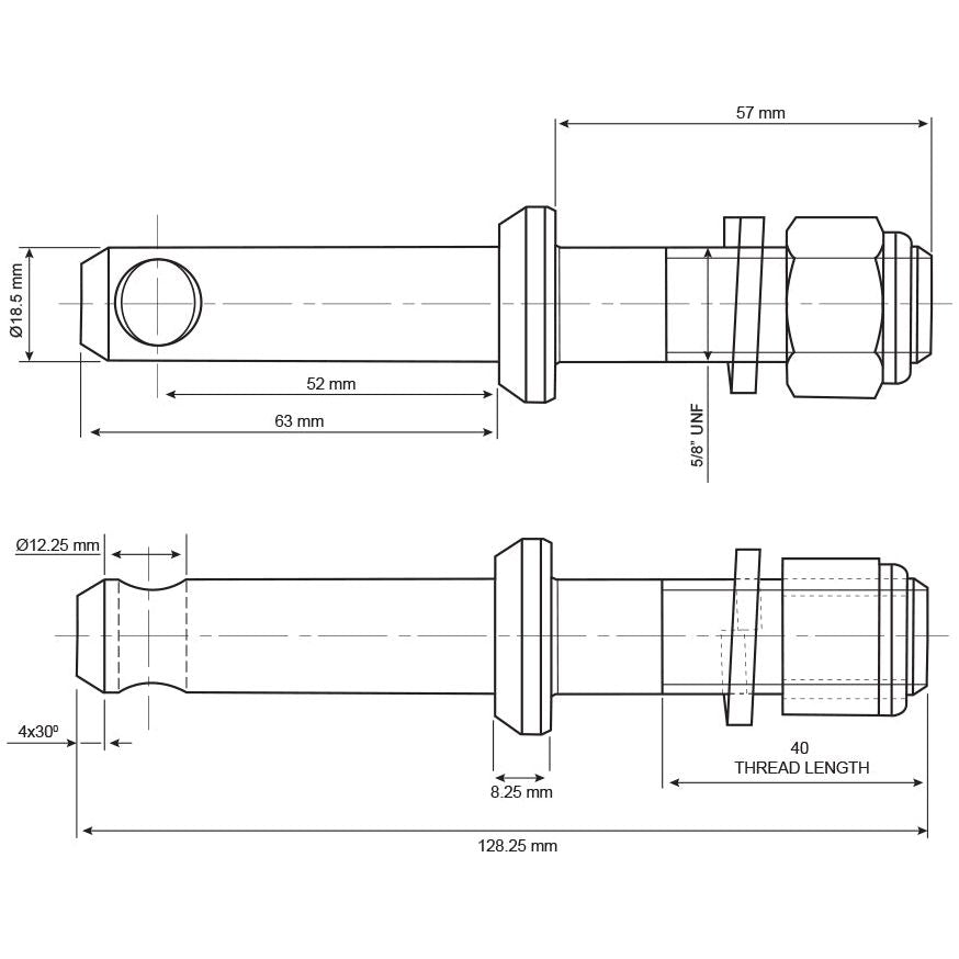 Technical drawing of a Sparex Stabiliser Pin 18x128mm with detailed measurements and annotations. The component features various diameters, threaded sections including a 5/8'' UNF thread size spanning 40mm, and an overall length of 128.25 mm. Additionally, the working length is specified at 52 mm according to Sparex Part No. S.15600.