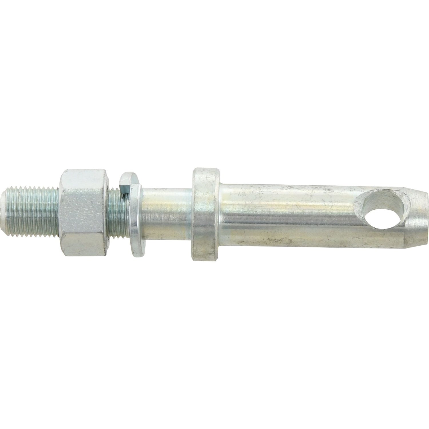The Stabiliser Pin 18x128mm by Sparex (Part No. S.15600) is a metallic cylindrical fastener with a 5/8'' UNF threaded end, a hexagonal nut, and a smooth shaft featuring a circular hole near the tip. It has a working length of 52mm and specifies Pin Ø at 18mm.