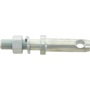 The Stabiliser Pin 18x128mm by Sparex (Part No. S.15600) is a metallic cylindrical fastener with a 5/8'' UNF threaded end, a hexagonal nut, and a smooth shaft featuring a circular hole near the tip. It has a working length of 52mm and specifies Pin Ø at 18mm.